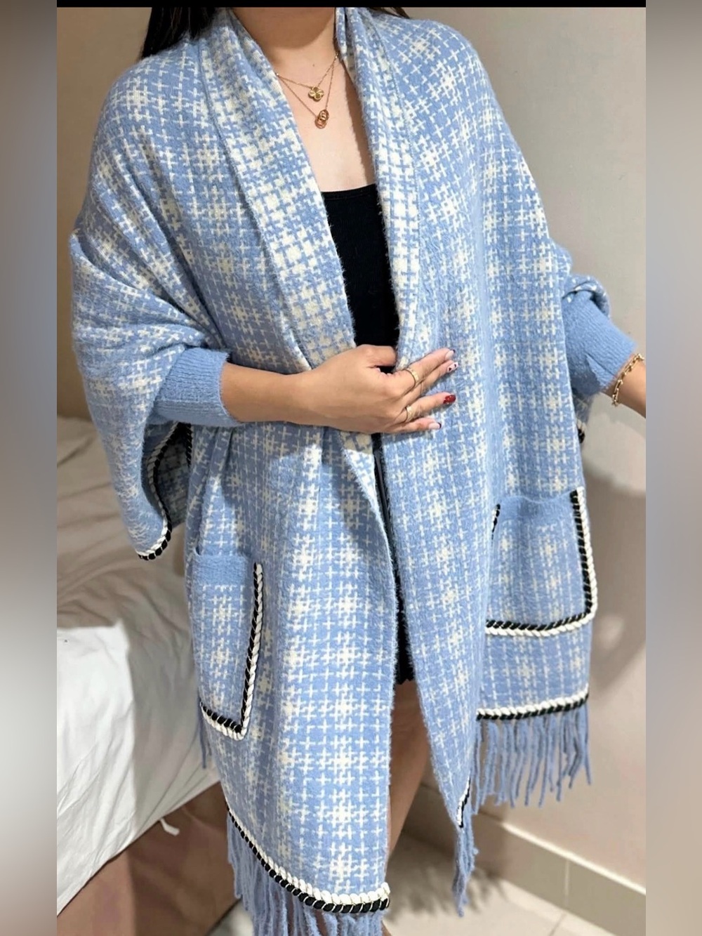Light Blue Houndstooth Open-Front Fringe Sweater Cardigan Poncho-free size